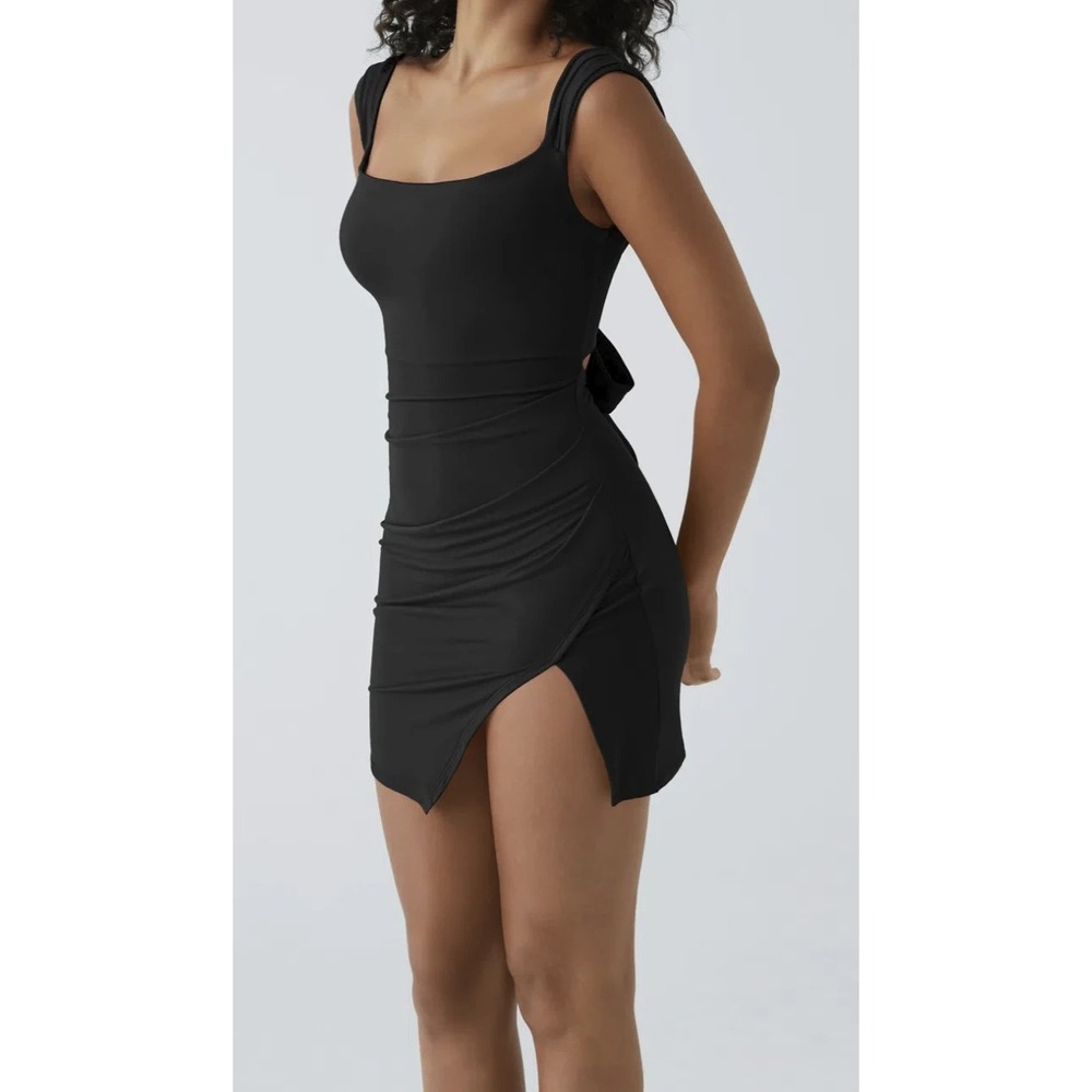 NWT Halara Ruched Tie Back Hem Bodycon Mini Casual Dress Black Small Stretch - Picture 14 of 14